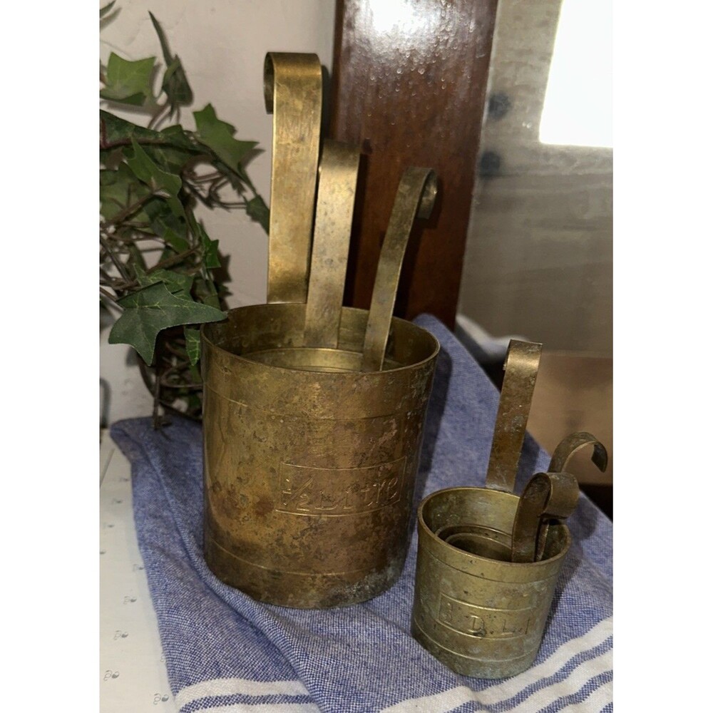 Antique French set of Brass Measuring Cups set of 6- From 1/2L to 1cl